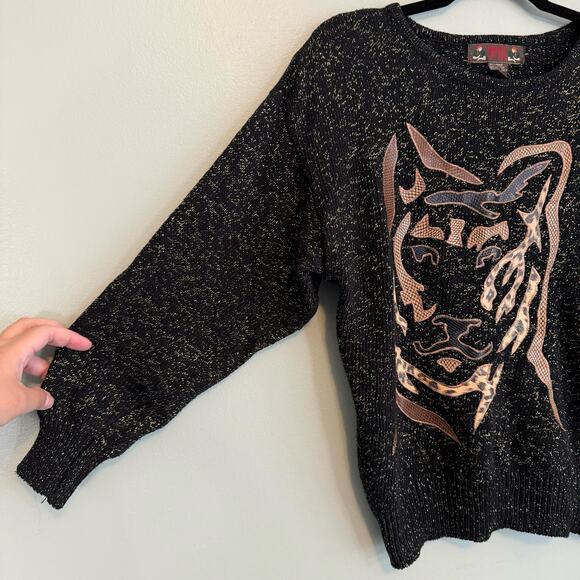 Vintage 80s Jordache Studio Sweater Womens M Black Cozy Metallic Dog Patch Art - Picture 4 of 7